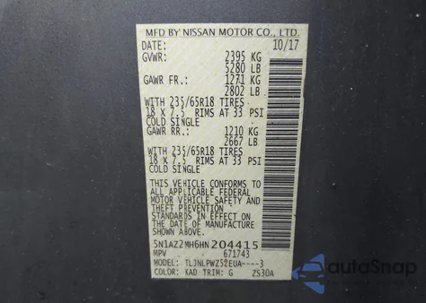 2017 Nissan Murano S z USA, uszkodzony, nr VIN 5N1AZ2MH6HN204415